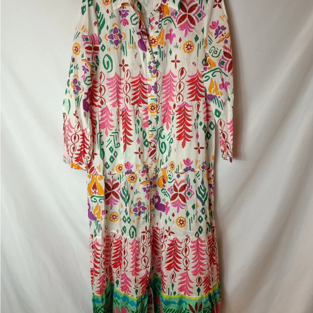 Zara White Maxi Dress with Pink, Red, Green & Yellow Floral Print